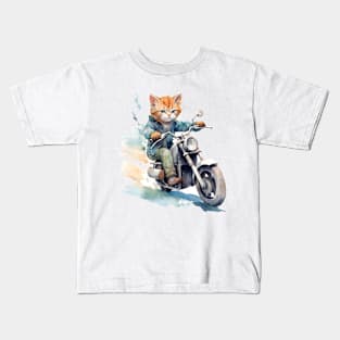 Ginger Cat, Motorcycle, Watercolor Kids T-Shirt